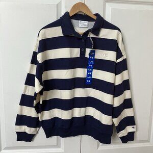 New Champion Rugby Shirt Womens L Navy White Stripe Collegiate Preppy Sweatshirt